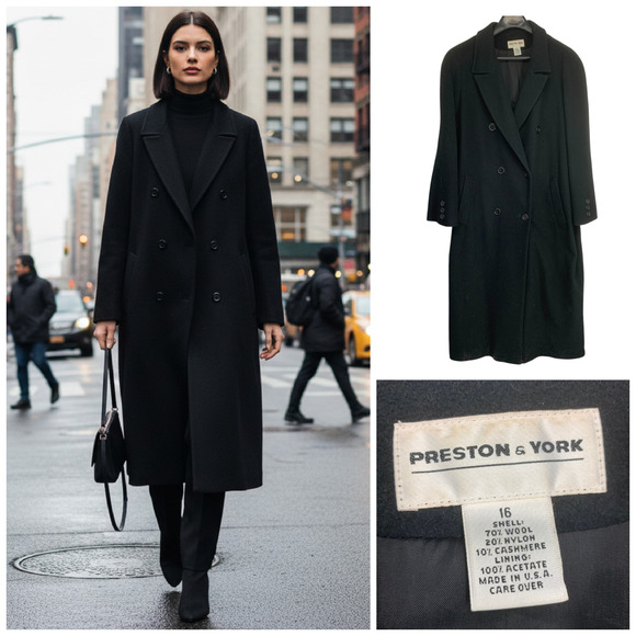 Preston & York Jackets & Blazers - Vintage Y2K Preston & York Sz 16 Black Wool Cashmere Double Breasted Long Coat